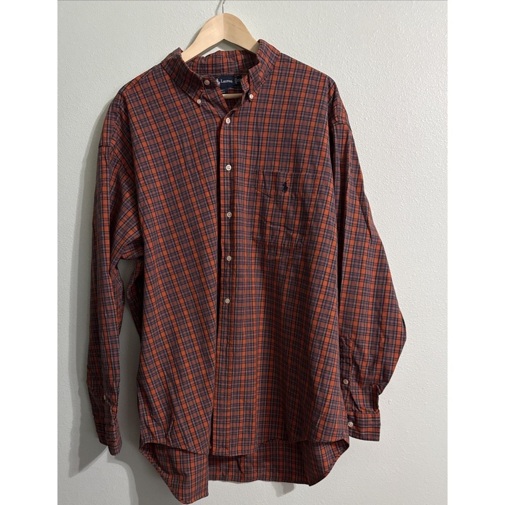 Ralph Lauren Shirt Men 2XL Big‎ Shirt Orange Navy Plaid Flannel Performance Pony